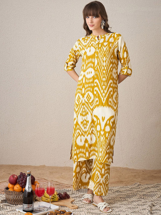 Abstract Printed Mandarin Collar Straight Kurta with Palazzos