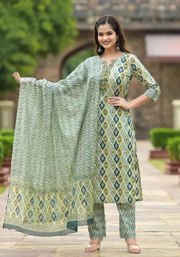 Women Green Viscose Rayon Kurta Pant Dupatta Set