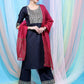 Navy Blue Ethnic Motifs Yoke Design Straight Kurta With Palazzos & Dupatta