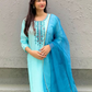 Women Blue Embroidered Regular Kurti with Trousers & With Dupatta