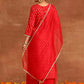 Women Red Viscose Rayon Kurta Pant Dupatta Set