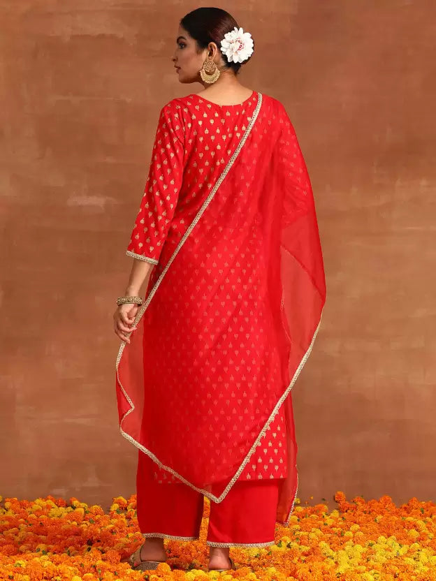 Women Red Viscose Rayon Kurta Pant Dupatta Set