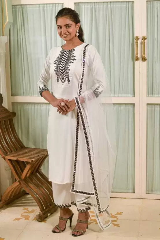 Embroidered Kurta Trouser Pant & Dupatta Set