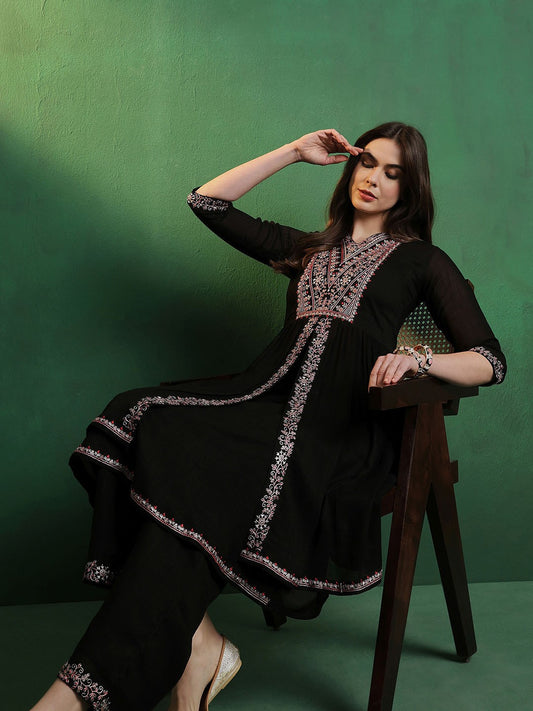 Embroidered A-Line Silk Kurta With Palazzo Set