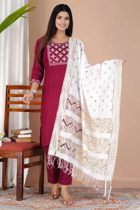 Embroidered Kurta Trouser Pant & Dupatta Set