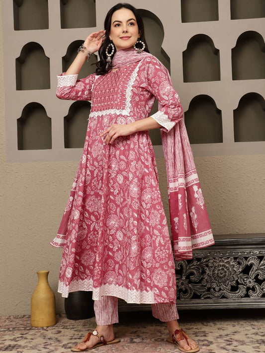 Embroidered Pure Cotton Kurta Set With Dupatta