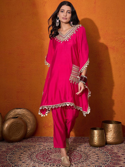 Embroidered V-Neck Mirror work Kaftan With Trousers