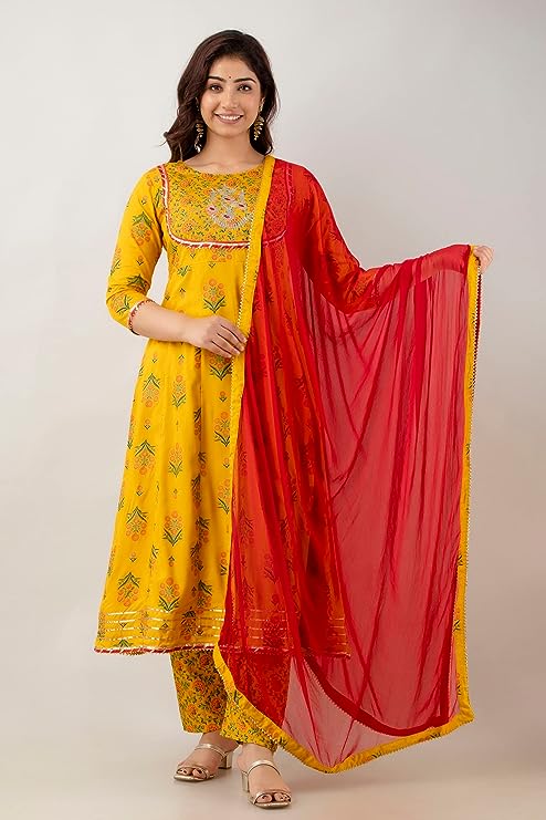 Women Embroidered Floral Print Yellow Anarkali Kurta & Bottom with Red Dupatta Set