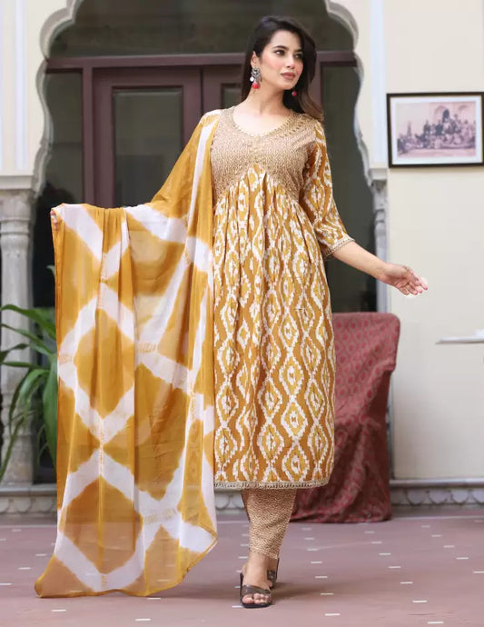 Women Embroidered Printed Anarkali Kurta Bottom & Dupatta Set