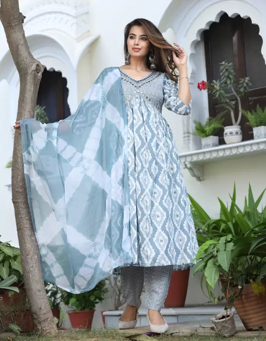 Women Embroidered Printed Anarkali Kurta, Bottom & Dupatta Set