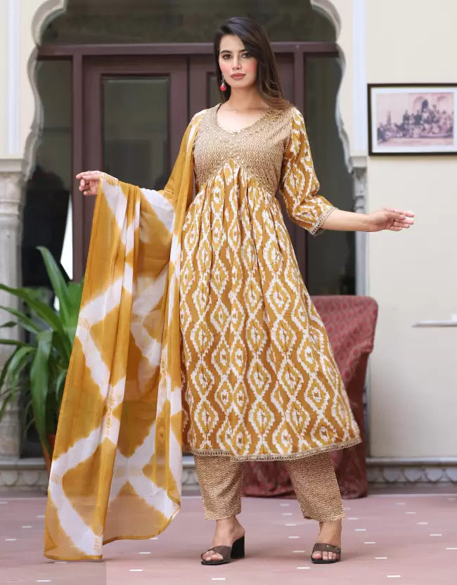 Women Embroidered Printed Anarkali Kurta Bottom & Dupatta Set