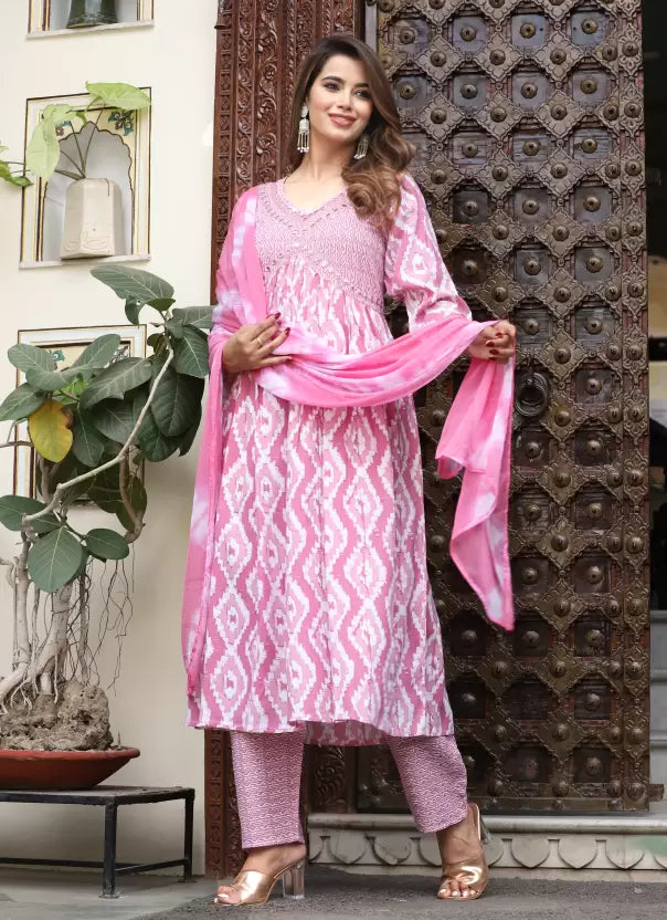 Women Embroidered Printed Anarkali Kurta, Bottom & Dupatta Set