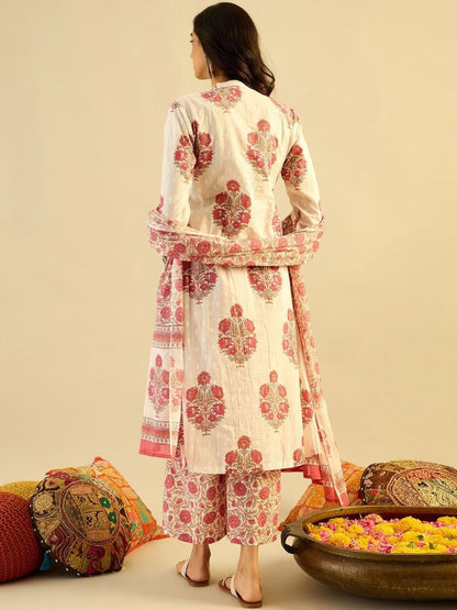 Ethnic Motifs Embroidered Anarkali Pure Cotton Kurta with Palazzos & With Dupatta