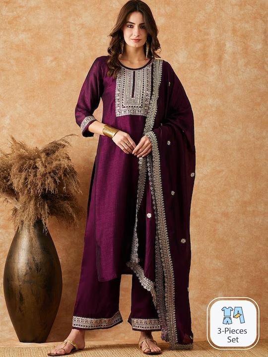 Ethnic Motifs Embroidered Kurta With Palazzo & Dupatta