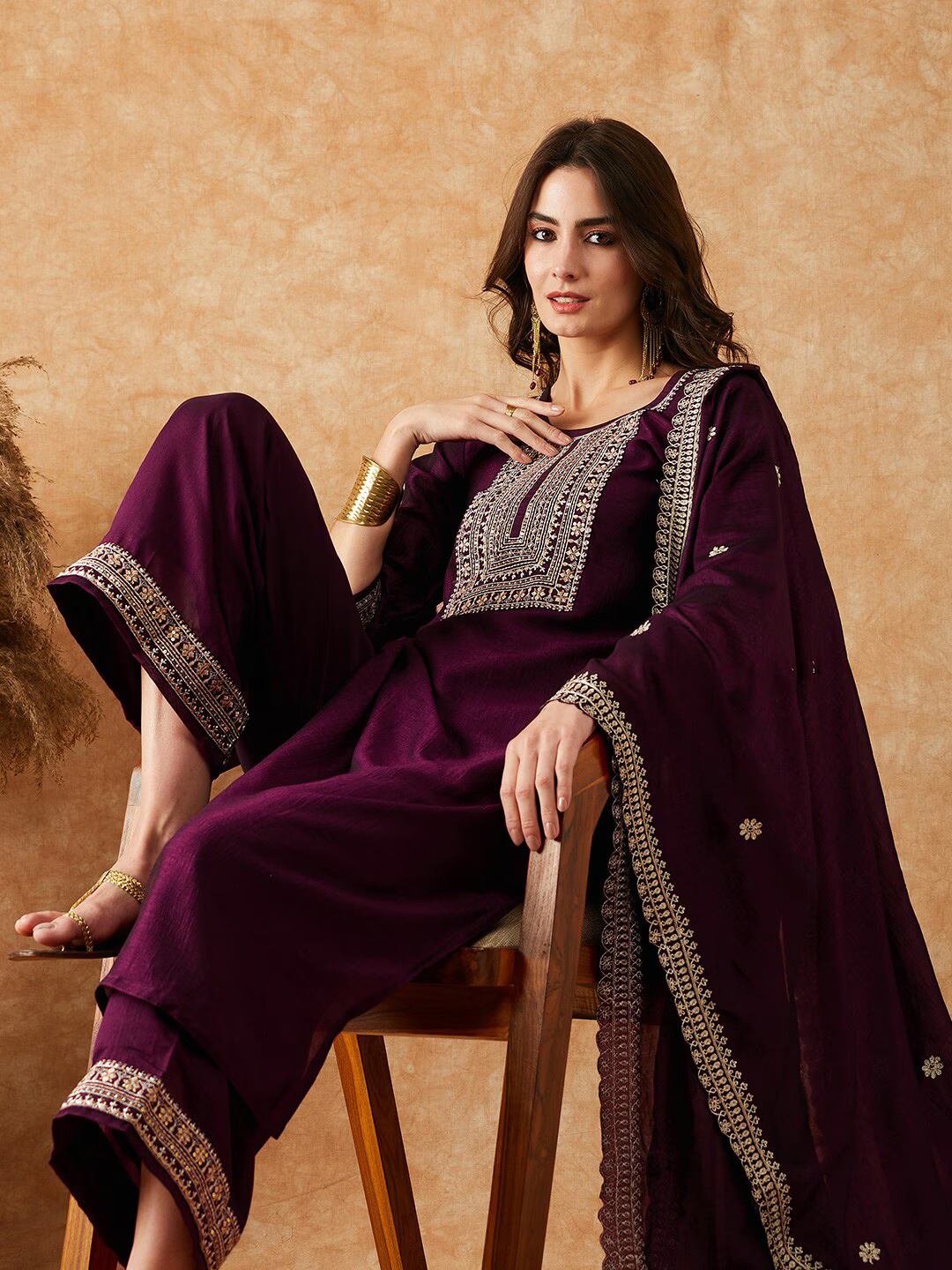 Ethnic Motifs Embroidered Kurta With Palazzo & Dupatta