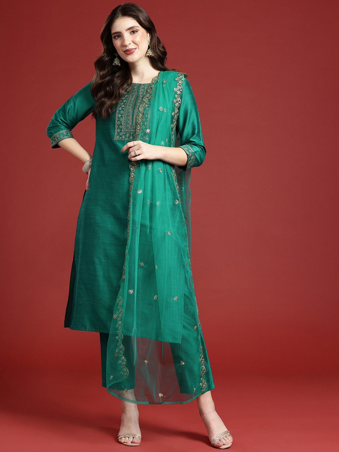 Ethnic Motifs Embroidered Kurta with Trousers & Dupatta