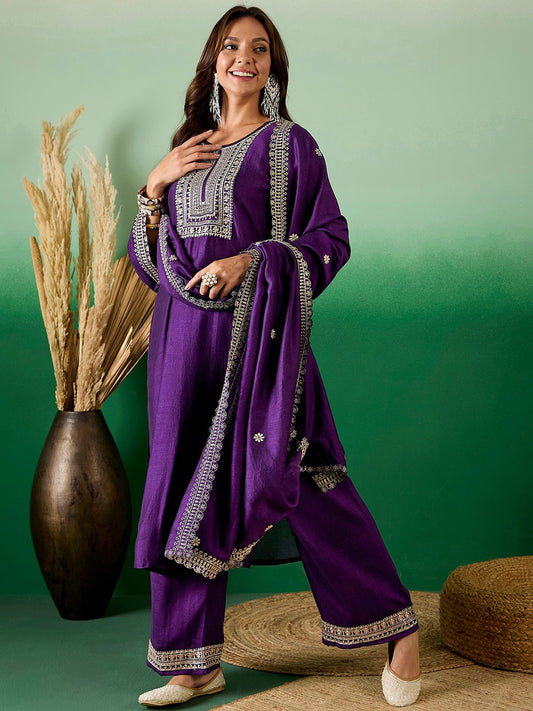 Ethnic Motifs Embroidered Sequinned Straight Kurta With Trousers & Dupatta