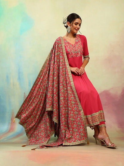 Ethnic Motifs Embroidered Thread Work A Line Kurta with Palazzos & Dupatta