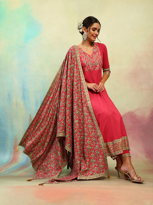 Ethnic Motifs Embroidered Thread Work A Line Kurta with Palazzos & Dupatta