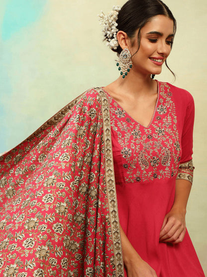 Ethnic Motifs Embroidered Thread Work A Line Kurta with Palazzos & Dupatta