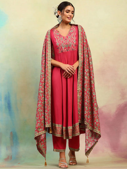 Ethnic Motifs Embroidered Thread Work A Line Kurta with Palazzos & Dupatta