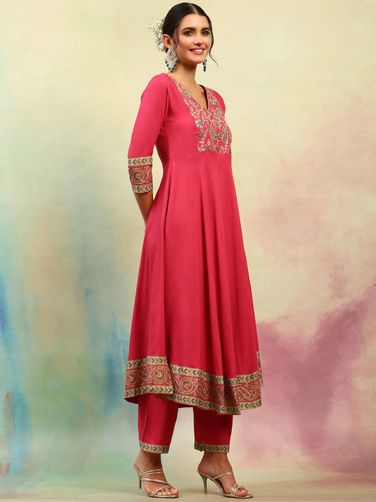 Ethnic Motifs Embroidered Thread Work A Line Kurta with Palazzos & Dupatta