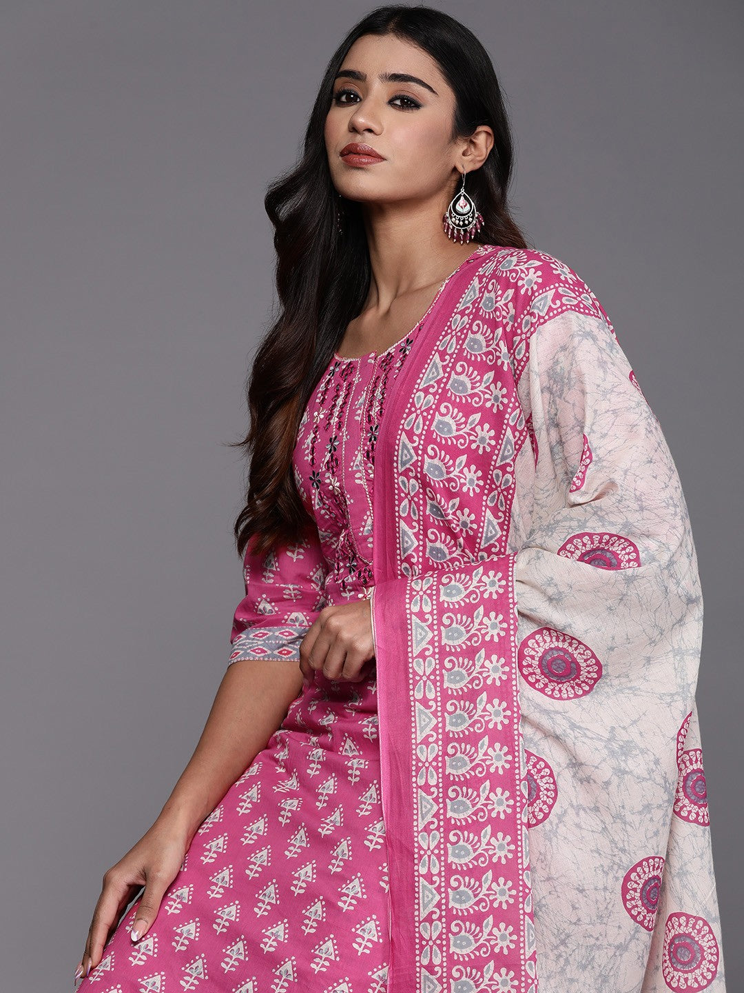 Ethnic Motifs Printed Mirror Work Pure Cotton Kurta with Trousers & With Dupatta