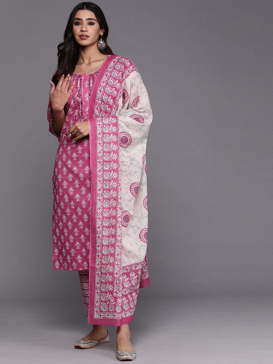 Ethnic Motifs Printed Mirror Work Pure Cotton Kurta with Trousers & With Dupatta