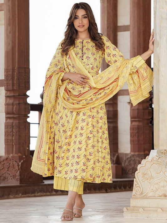 Ethnic Motifs Printed Pure Cotton Anarkali Kurta with Palazzos & Dupatta