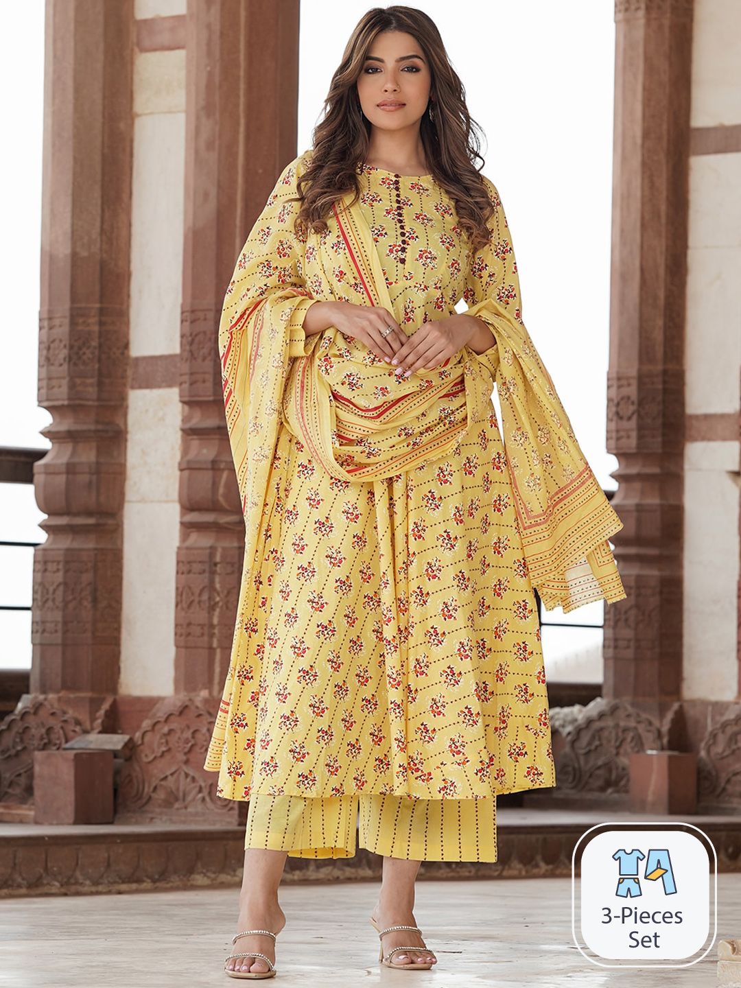 Ethnic Motifs Printed Pure Cotton Anarkali Kurta with Palazzos & Dupatta