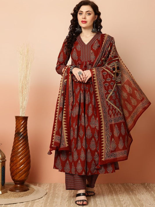 Ethnic Motifs Printed Pure Cotton Kurta with Palazzos & Dupatta