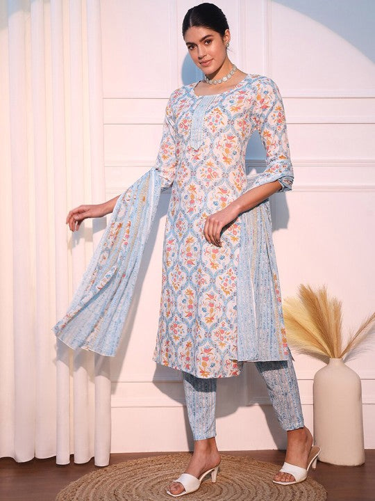 Ethnic Motifs Printed Pure Cotton Kurta with Trousers & Dupatta