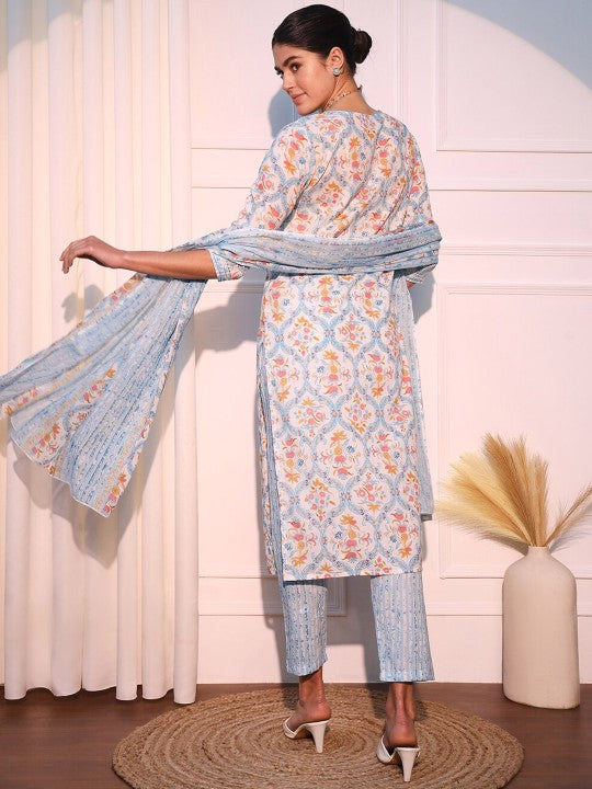 Ethnic Motifs Printed Pure Cotton Kurta with Trousers & Dupatta