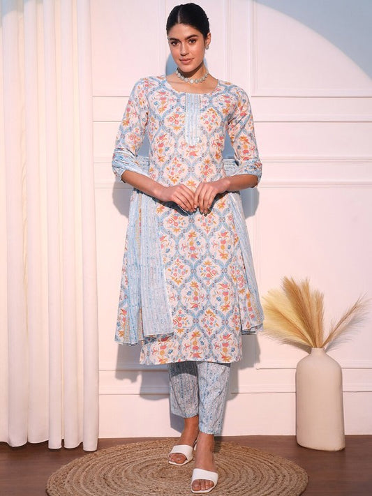 Ethnic Motifs Printed Pure Cotton Kurta with Trousers & Dupatta