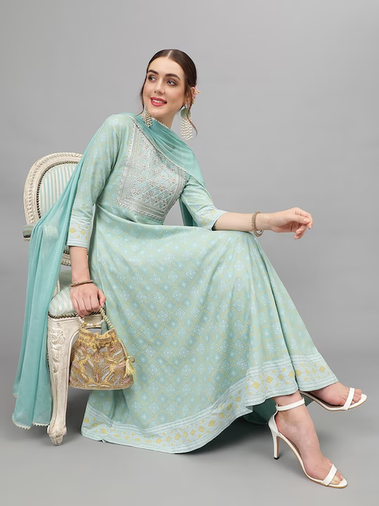 Ethnic Motifs Printed Thread Work Kurta & Palazzos With Dupatta
