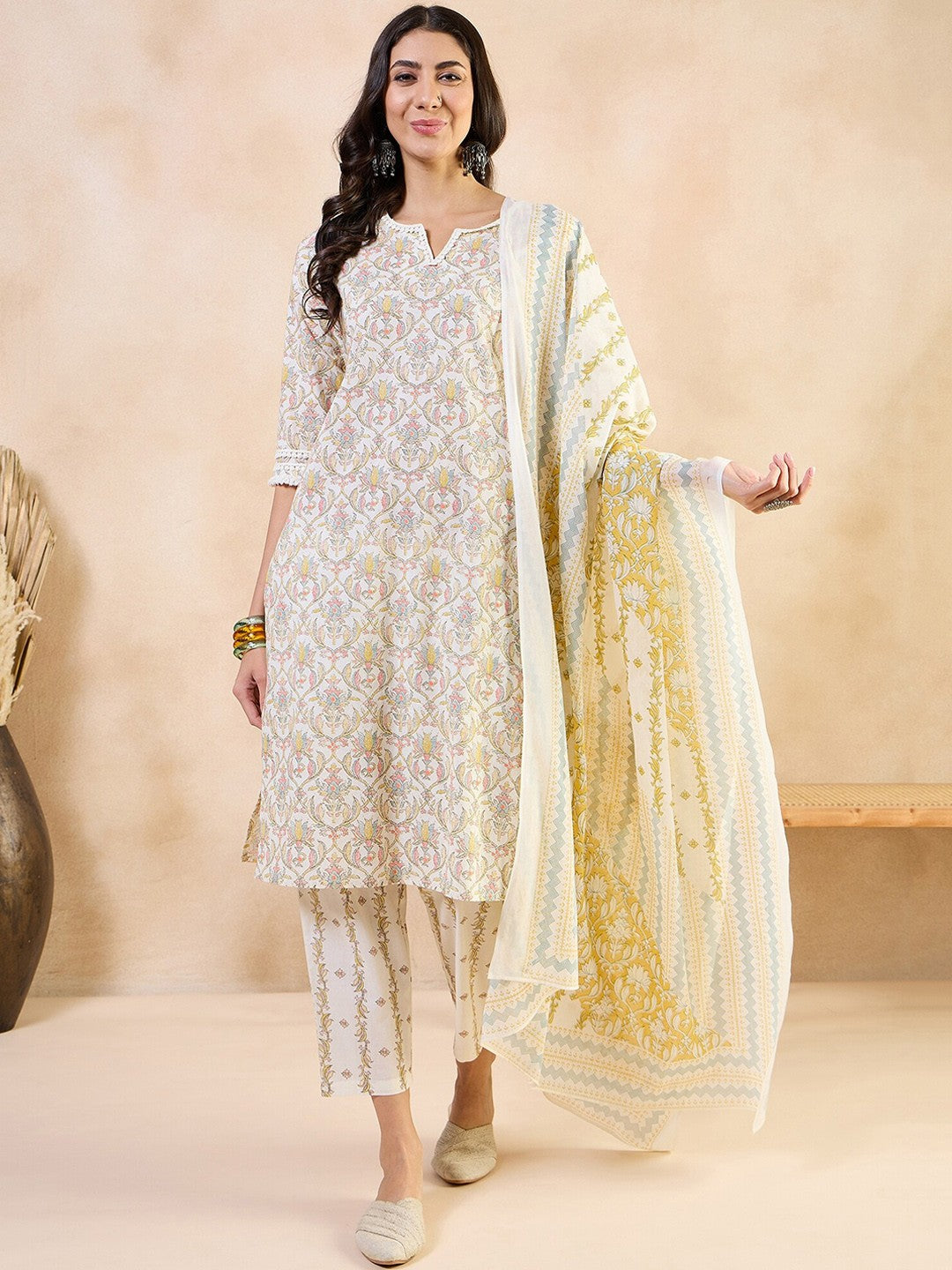 Ethnic Motifs Printed Thread Work Pure Cotton Straight Kurta With Trousers & Dupatta