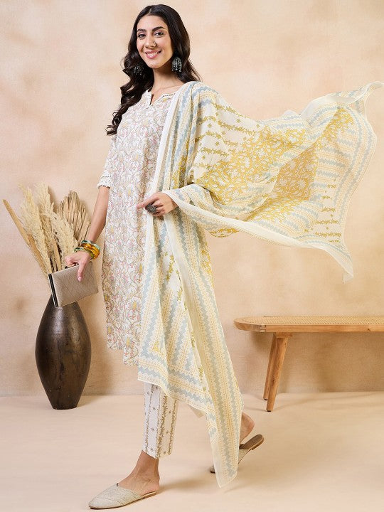 Ethnic Motifs Printed Thread Work Pure Cotton Straight Kurta With Trousers & Dupatta