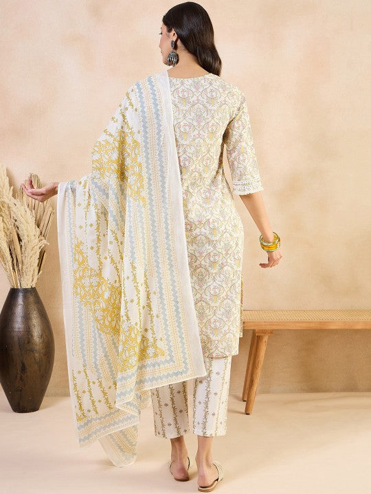 Ethnic Motifs Printed Thread Work Pure Cotton Straight Kurta With Trousers & Dupatta