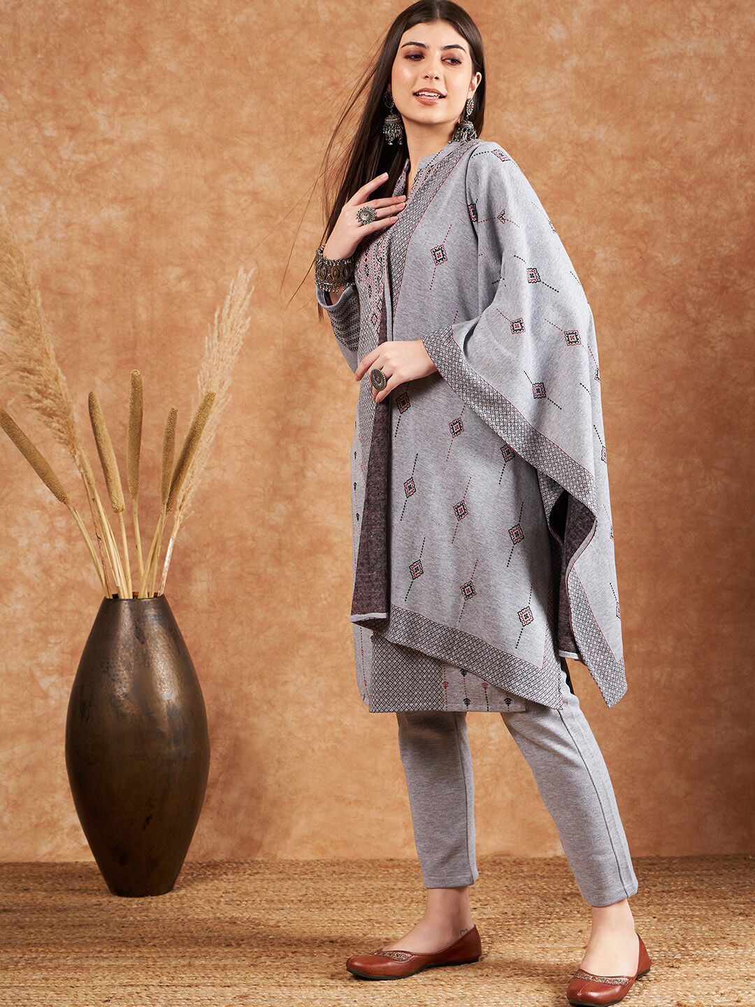 Ethnic Motifs Woven Designed Mandarin Collar Straight Kurta With Trouser & Dupatta