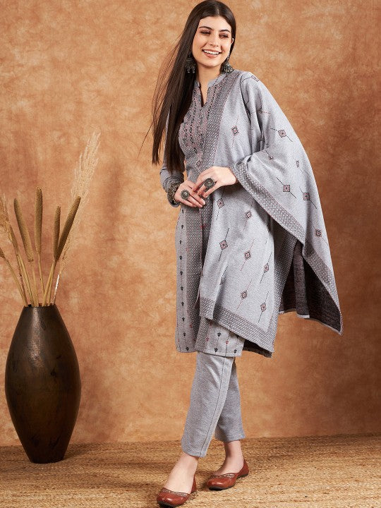 Ethnic Motifs Woven Designed Mandarin Collar Straight Kurta With Trouser & Dupatta