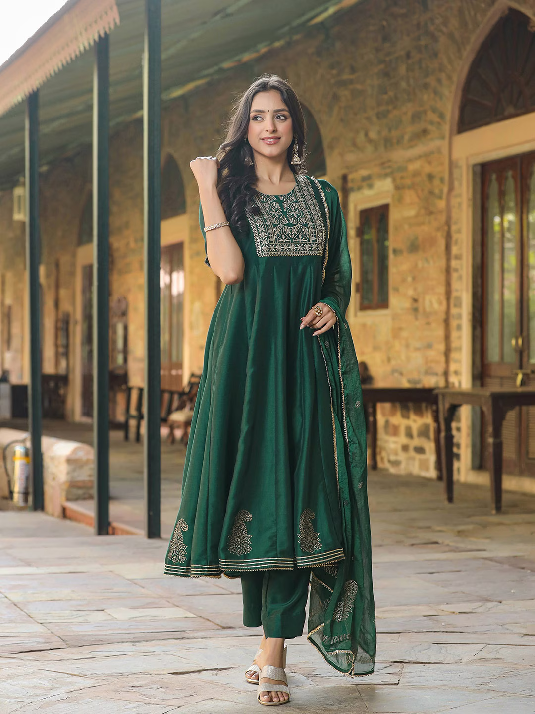 Ethnic Motifs Yoke Design Anarkali Kurta & Trousers With Dupatta