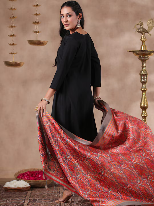 Ethnic Motifs Yoke Design Regular Sequinned Kurta With Trousers & Dupatta