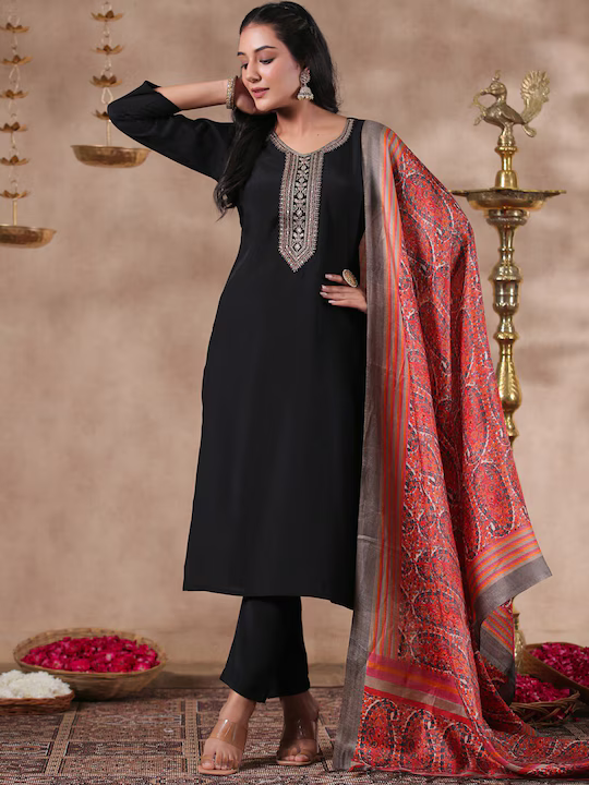 Ethnic Motifs Yoke Design Regular Sequinned Kurta With Trousers & Dupatta