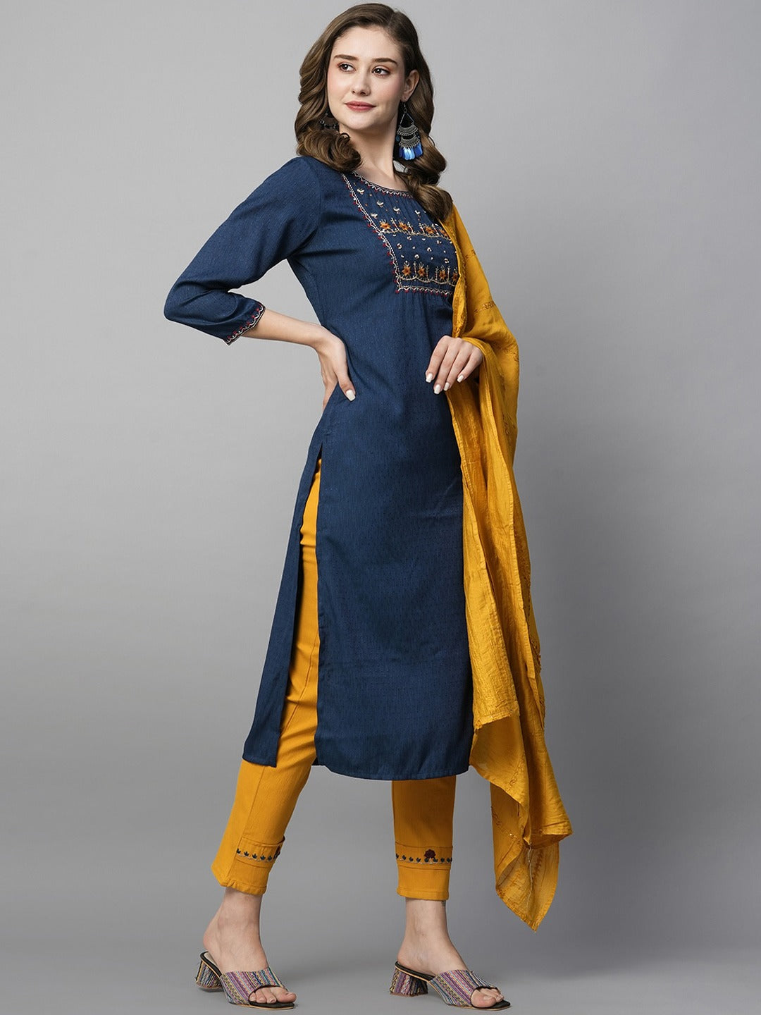 Ethnic Motifs Yoke Design Sequinned Regular Kurta with Trousers & Dupatta