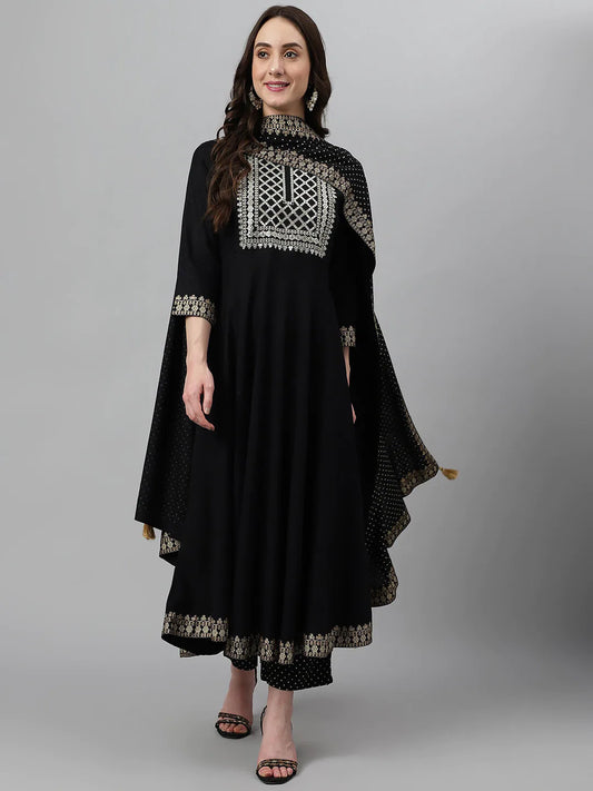 Ethnic Motifs Yoke Design Zari Sequined Anarkali Kurta with Palazzos & Dupatta