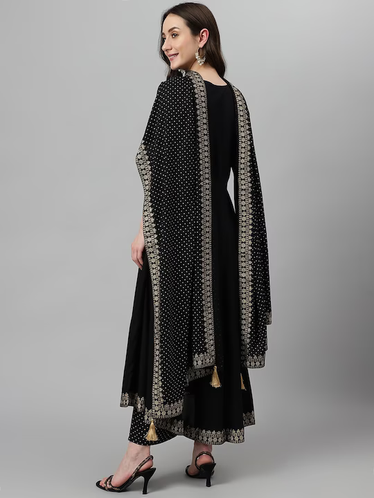 Ethnic Motifs Yoke Design Zari Sequined Anarkali Kurta with Palazzos & Dupatta