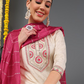 Off White Floral Yoke Design Regular Thread Work Kurta With Trousers & Dupatta