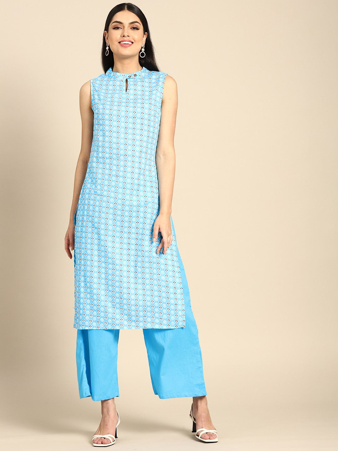 Women Turquoise Blue Pure Cotton Printed Regular Kurta with Trousers