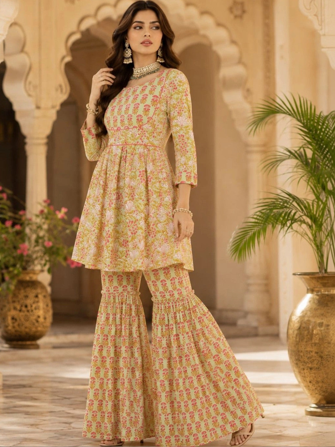 Floral Printed Pure Cotton Kurti with Sharara