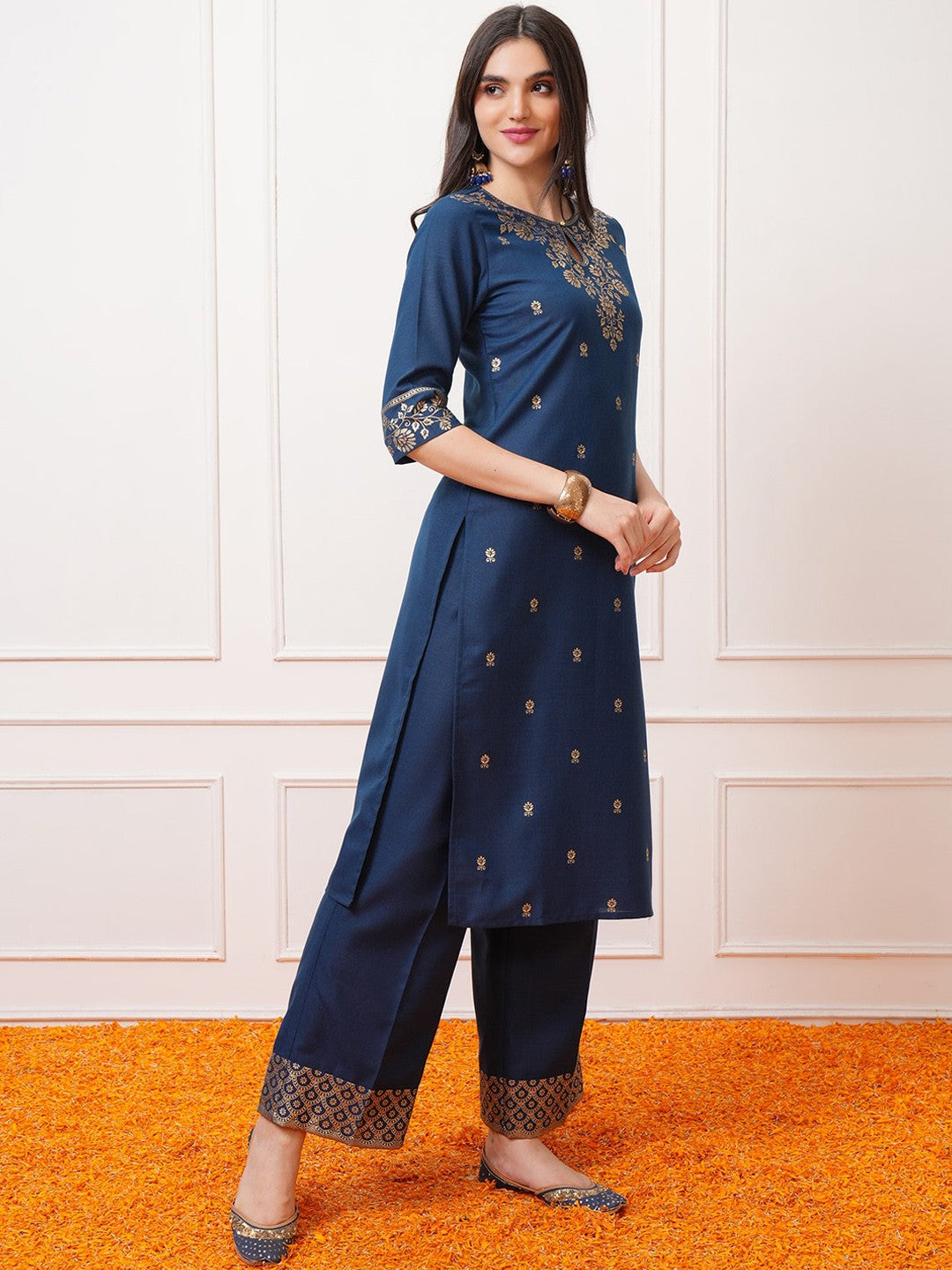 Teal Blue Floral Printed Regular Kurta with Palazzo & Dupatta